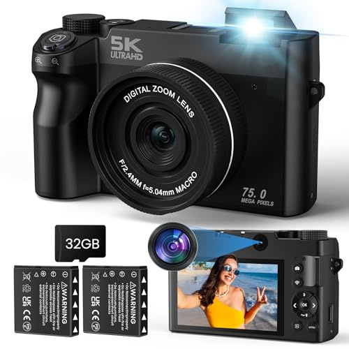 SOPPY 5K Digitalkamera 75MP Fotokamera Vlogging Kamera verbesserte Selfie-Kamera, 3,0 Zoll 18-facher Digitalzoom mit 32GB Karte WiFi-Funktion für Kinder Jugendliche Anfänger, Schwarz