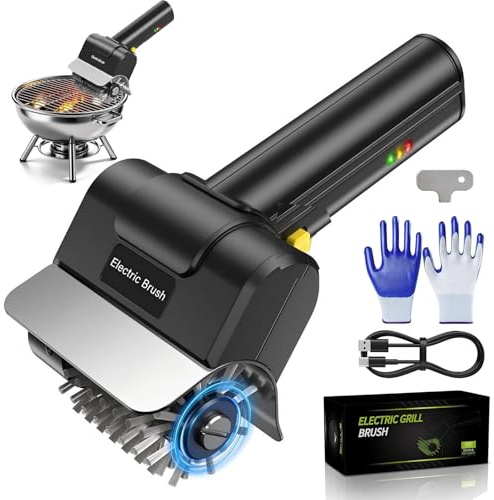 KEAGAN Electric Grill Brush, USB Rechargeable BBQ Cleaning Brush | High-Speed Rotating Stainless Steel Head, Heat-Resistant Gloves, for Gas and Charcoal Grills, BBQ Cleaner