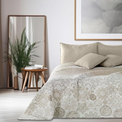 DecoKing Tagesdecke beige weiß Cappuccino Bettüberwurf mit Alhambra | abstraktem Muster zweiseitig pflegeleicht, CHON/AL/WH+BEI/170, 170x210