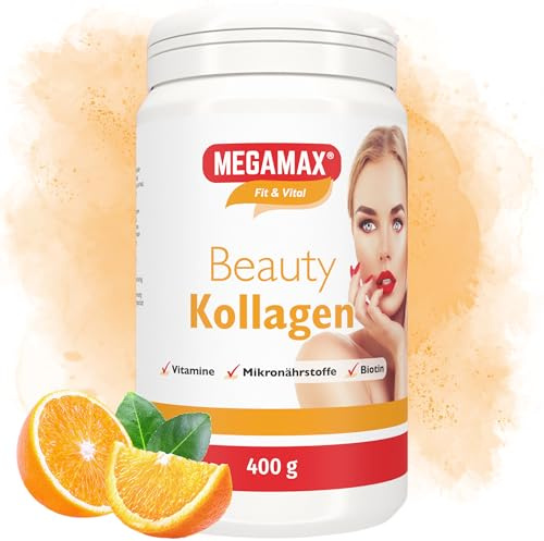 Megamax Nutrition Beauty Kollagen Pulver, Orangen-Geschmack, 400 g | mit Kollagen-Hydrolysat, Biotin, Vitamin C, für Haut, Haare und Nägel