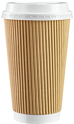 Comfy Package Gusto [16 oz. - 475 ml - 50 Sets] Insulated Kraft Ripple Paper Hot Cups, Disposable Coffee Cups with Lids - Ideal for Hot Beverages, Travel, and Office Use - Formerly