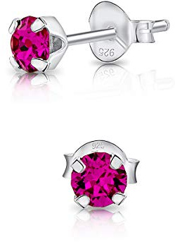 DTPsilver - Winzige Ohrringe 925 Sterling Silber mit Kristallen Runde Sehr kleine Ohrstecker - Durchmesser 4 mm - Farbe : Fuchsie