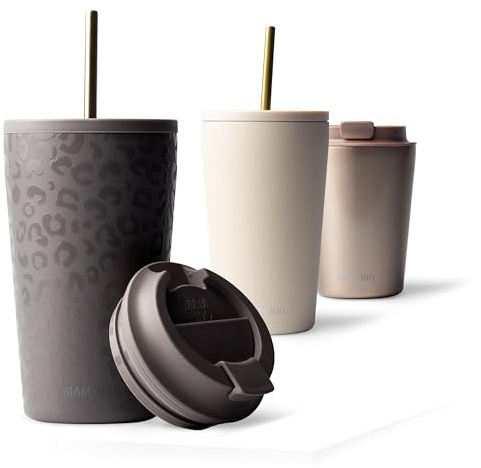 MAMEIDO Thermobecher mit Strohhalm 470 ml, Trinkbecher mit Deckel und Strohhalm aus Edelstahl doppelwandig isoliert, auslaufsicher, Coffee to go Becher (Sleek Leo)