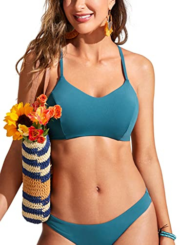 CRZ YOGA Kvinnors Bikini Top Lace Up Baddräkter Crisscross Baddräkt Swim Sports Bra Vadderad Safirblå S