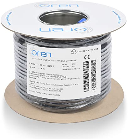 Oren CAT6 50m Cable Ethernet Para Exteriores - Entierro Directo - Cable de Cobre Puro 23 AWG- Cable de Red LAN de Internet UTP de 400 MHz de Ancho de Banda - Libre de Halógenos, No Corrosivo - Gigabit