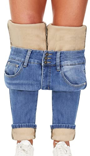 Qazel Vorrlon Women's Fleece Lined Jeans for Women Winter Warm Flannel Lined Jeans Womens High Waisted Skinny Stretch Denim Leggings Pants Light Blue, Size 2