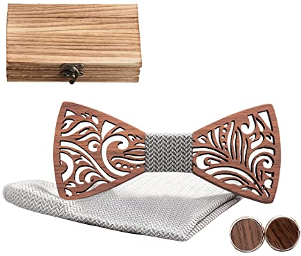 Mr.Van Pajarita de Madera Hecha a Mano, Tamaño Ajustable, Estilo Clásico, Caja de Madera (incluye Gemelos,Pañuelo y Pajarita) para bodas y negocios