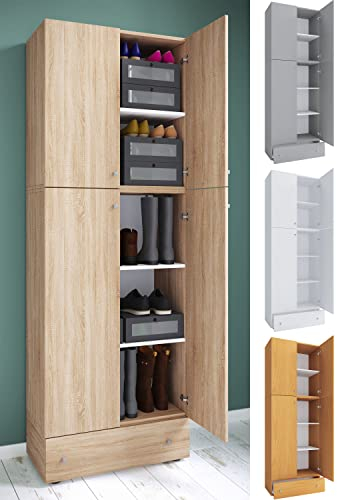 VCM Holz-Schuhschrank | Maße: H. 200 x B. 70 x T. 39 cm| Allzweckschrank | 5 Fächer | 4 Drehtüren | extra Schublade– Lona