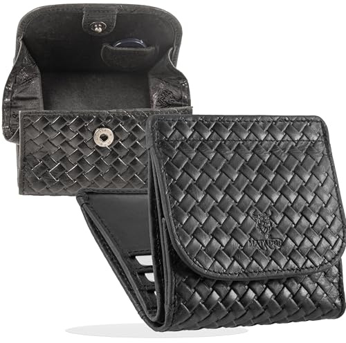 MATADOR Mini Geldbörse Herren Leder Wien Kleiner Geldbeutel mit edler Geschenk Box, Elegantes Mini Portemonnaie mit RFID Blocker, Luxus Herren Geldbörse Klein mit vielen Fächern in Geflochten Schwarz