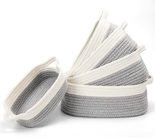 Cinnani 5er-Set Aufbewahrungskorb Baumwollseil Korb Geflochten, Aufbewahrung Korb Wickeltisch Organizer, 5 Größe Stapelbare Mehrzweck-Organisations Behälter für Kinderzimmer Wohnzimmer Bad(Weiß/Grau)