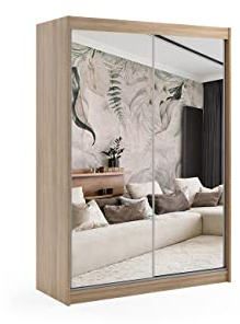 ALTDECOR Kleiderschrank mit Spiegel und Schiebetüren, kugelgelagerte Führungsschienen und Aluminium-Leisten - DEBI - 120 cm Sonoma