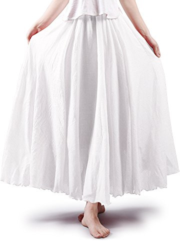Phorecys Women's Cotton Maxi Skirt Elastic Waist A-Line Flowy Long Skirts Boho Gypsy Renaissance White 105CM Length
