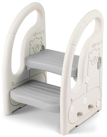 Onasti Step Stool for Kids, Toddler Step Ladder with Handles, Height Adjustable 2 Step Stool, Plastic Ladder/Toddler Helper Stool for Potty Training, Bathroom Sink, Bedroom & Kitchen (Grey-white)