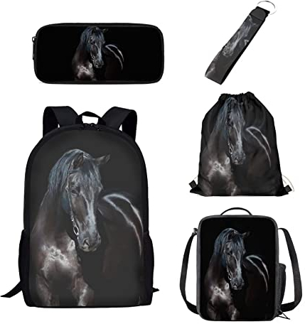 Binienty Schulrucksack-Set für Kinder, Jungen, Mädchen, Teenager, leichte Büchertasche, Laptop-Rucksack, lässiger Tagesrucksack, Büchertasche, 5er-Set, Schwarzes Pferd, Einheitsgröße