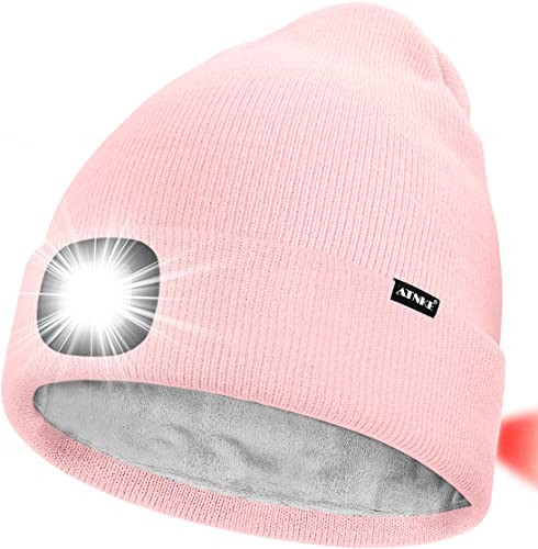 ATNKE Unisex 8 LED Mütze mit Licht,Wiederaufladbare USB Rot Blinkendes Alarm Rücklicht Laufmütze Lampe Winter Warme Gefüttertes Fleece Stricken Mütze für Herren und Damen Geschenke/Light Pink