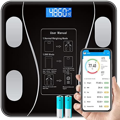 Retoo Körperfettwaage Bluetooth, Digitale Personenwaage mit App-Funktion, Waage für Körperfett, Gewicht, BMI, BMR, Muskelmasse, Körperanalysewaage, Intelligente Smart-Waage Personen, Schwarz