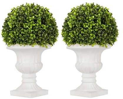 SEVENLOVE Künstliche Buchsbaum-Formschnittkugel mit Lichtern in Urnenbehälter, 33 cm, Formschnitt-Mittelstück für Heimdekoration, Mini-Pflanze, Grünarrangement, 2 Stück
