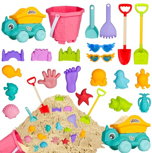 Holady 22-teiliges Strand-Sandspielzeug-Set,umweltfreundliches ABS, langlebig, Dicker Kunststoff, komplettes Geschenkset inklusive Spielzeugauto, Sonnenbrille, Strandeimer, Sandform, Sandschaufel