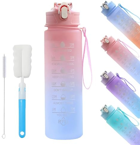 Trinkflasche mit Strohhalm, Wasserflasche kohlensäure geeignet, 750ml, BPA-freie Tritan Trinkflasche mit Deckel und Auslaufsicher, Water Bottle für Outdoor, Sport, Gym (Farbverlauf Rosa, 750ml)