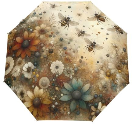 GAIREG Faltbarer Regenschirm im Boho-Stil mit Blumenmuster und Biene, automatisches Öffnen und Schließen, kompakt, winddicht