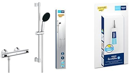 Grohe Precision Flow - Thermostat Brauseset wassersparend ~8l/min + Kleber (1 Strahlart, Sicherheitssperre bei 38°C, 60cm Brausestange, inkl. Montagewerkzeug), rund, chrom