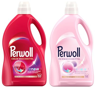 PERWOLL Flüssig-Set 2x 52 Waschladungen (104WL) 1x Color & 1x Für Wolle & Feines, Feinwaschmittel erneuert Farben und Fasern & Feinwaschmittel glättet und verhindert Knötchen