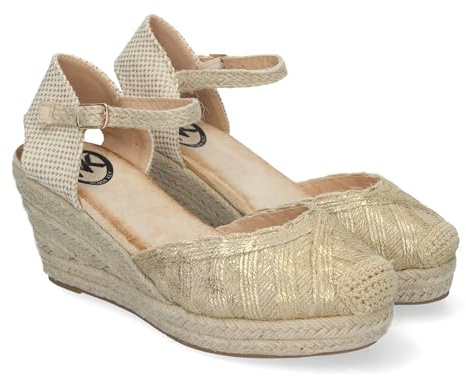 shoes&blues.es 82977 Sandalias de Cuna de Yute para Mujer, Comodas y Elegantes, Punta Cerrada, con Adornos Trenzados en la Pala y Cierre de Hebilla. Oro Talla 37