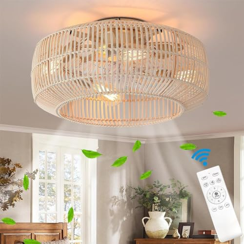Ventilatore da soffitto con Luce e Telecomando Ventilatore da soffitto in Rattan a 6 velocità reversibili E27 Paralume in bambù Intrecciato a Mano Vintage Camera da Letto Sala da Pranzo Cucina Luci (