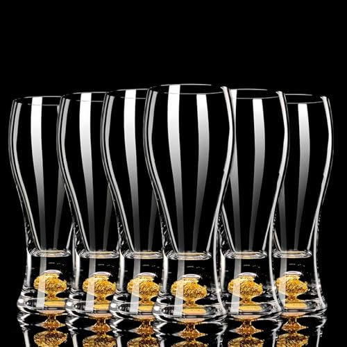 JINQFENG Juego de 6 Vasos de Cerveza Grandes de 640ml, Base de Lámina Dorada de Lujo Completa con Soporte de Vidrio de Bambú Adecuado para Cervezas, Jugos y Sidra