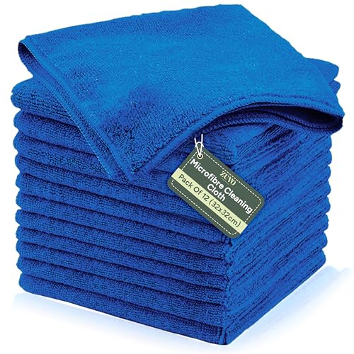 Zuvo Microfibre Cleaning Cloths, Lint-Free, Blue, 12 Pack, 32x32cm | Lint-free weave, kitchen, glass, car and screens use, reusable and washable, highly absorbent