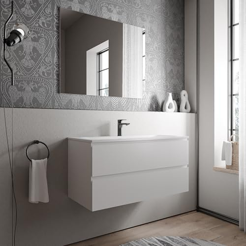 BERNSTEIN Badmöbel-Set Ava 100cm bestehend aus Mineralguss-Waschbecken mit Unterschrank in Weiß matt, Waschtisch BRUXELLES - Weiß matt mit Hahnloch, Ideal für mittelgroße Bäder und Badezimmer