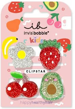 invisibobble CLIPSTAR KIDS FRUTTI FUN - 4 Stück Kinder Haarspangen – Bunte, glitzernde Haarclips für gesunde Haare – Frucht- und Blümchen-Design – Perfekt für Kinder