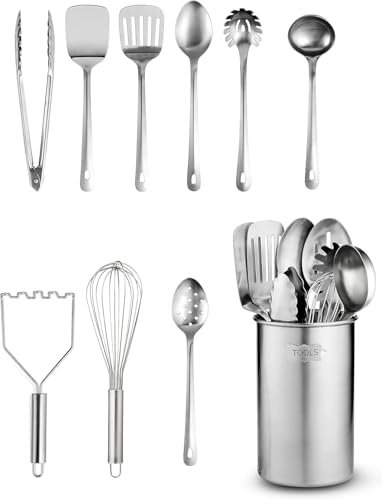 Juego de Utensilios de Cocina - 10 Piezas de Acero Inoxidable Con Cucharas, Batidor, Espátula, Pinzas, Cucharón, Triturador y Soporte - Accesorios