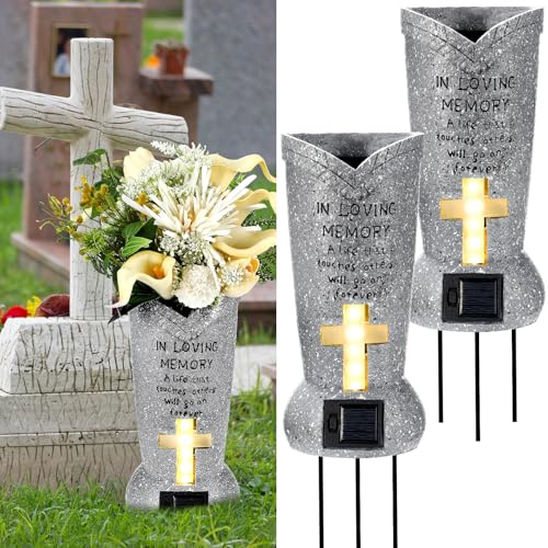 DoubleFill 2 Pcs Solar Cemetery Grave Vase with LED for Fresh Artificial Flowers Headstones Vases with Spikes Grave Decorations for Cemetery Decor Memorial Gifts Loss of Loved One(Cylinder)