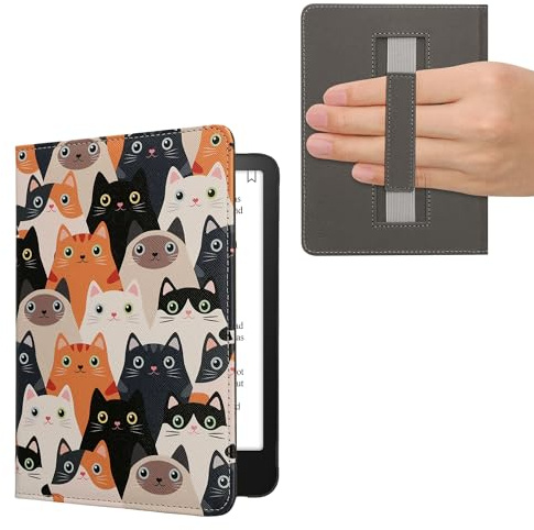 kwmobile Schutzhülle für Amazon Kindle Paperwhite (2024)/Colorsoft Hülle - eReader Flip Case mit Handschlaufe und Auto Sleep Funktion - Katzen mit Orange Schwarz Weiß