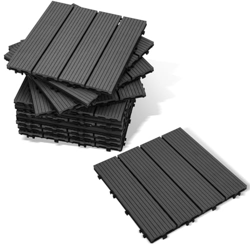 Lospitch WPC Terrassenfliesen, 30x30cm Balkon Bodenfliese 110 Stück für 10m², Terrassendielen Klickfliesen Wetterfest, Rutschfest, Pflegeleicht, Gartenfliesen mit Klick-System, Anthrazit
