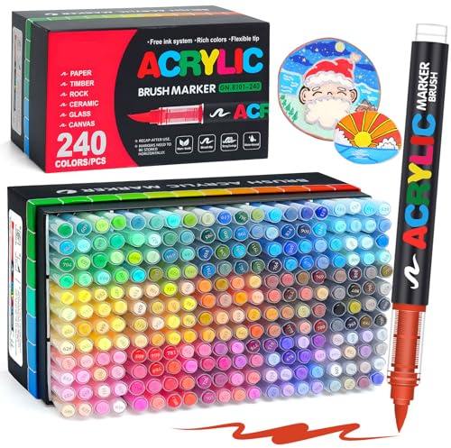 Laconile Akrylmarkörer 240 Färger Professionell Penselspets, Numrerade Vattenbaserade Målarmarkörer för Sten Canvas Trä Glas Keramik, Opaka Konstnärspennor
