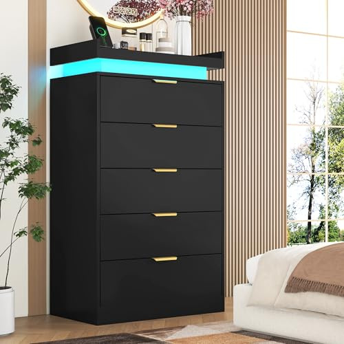 knoworld Tall Dresser for Bedroom, Black Dresser with LED Lights, Wood 5 Drawer Chest with Power Outlet, Modern Chest of Drawers for Bedroom, Living Room, Entryway, Hallway