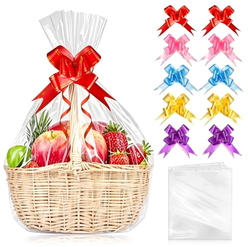 SelfTek 10 Pezzi Sacchetti in Cellophane per Cesti, Carta Trasparente per Confezioni con 10 Fiocchi, Sacchetti Trasparenti per Cesti Regalo, Confezioni Regalo Di Pasqua (83 X 55 cm)