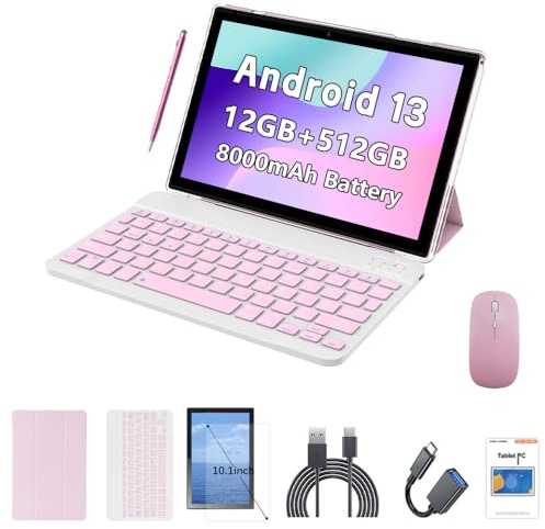 Crelander 10.1 Inch Android 13 Tablet with SIM Card Slot 4G LTE Calling,12GB+512GB, 8000mAh Battery, Dual Camera, Bluetooth/WiFi, Bundle with Case, Keyboard, Mouse & Stylus (Pink)