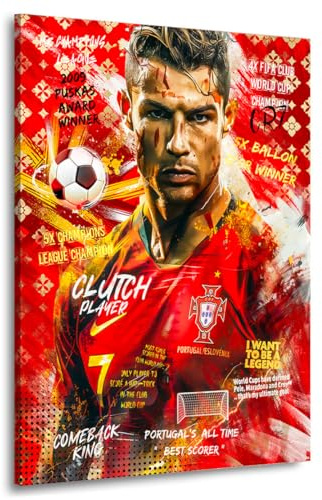 Kunstgestalten24 | Ronaldo Wandbild auf Leinwand – Pop Art Fußball Motiv mit Portugal-Trikot – mit Echtholz-Keilrahmen – Sport Deko für Fans | 30x40x2cm