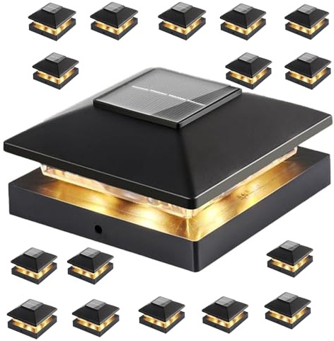 HoldOneLight Solar Post Cap Lights Outdoor, Waterproof Deck Fence Post Light for 4x4 Wood/Vinyl Posts Wooden Posts, Cool/Warm Lighting, Black (16Packs)