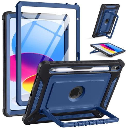 Vobafe Case for iPad (A16) 11th/10th Generation 2025/2022 11 Inch/10.9, Full-Body Shockproof Outdoor Cover with Screen Protector, Rotating Stand, with Pencil Holder, Blue