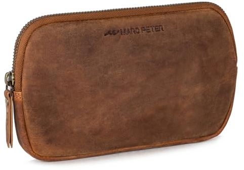 Marc Peter® Vintage Darvin Federmäppchen Etui aus Leder mit YKK Reißverschluss, Federmappe für Stifte Vintage Bräune