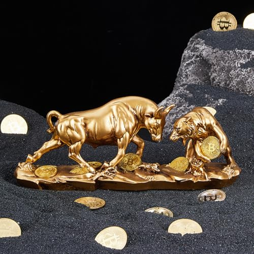 JXCBXJ Estatua de Vaca y Oso,decoración de Resina de Animales,Escultura Decorativa,Un Regalo per gestori di investimenti e investitori. (Dorado A)