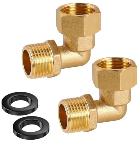 2 juntas roscadas móviles de latón — ángulo de 90°, 1/2 pulgada (DN15) con rosca interior/exterior, con anillo de sello de silicona, aptas para agua potable, agua, calefacción central