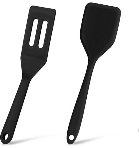 2 Pack Small Spatula Small Fish Slice Mini Silicone Spatula for Cooking Mini Egg Flipper Kitchen Turners Slotted Nonstick Spatulas for Cooking, Heat Resistant, Black