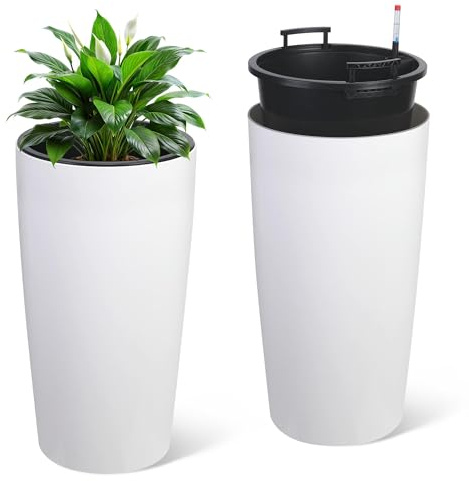 Garvee Lot de 2 Grands Pots de Fleurs Auto-arrosants pour extérieurérieur – Jardinières Hautes avec réservoir d'eau, Seau intérieur Amovible, indicateur de Niveau d’Eau et Drainage – Idéal terrasse,