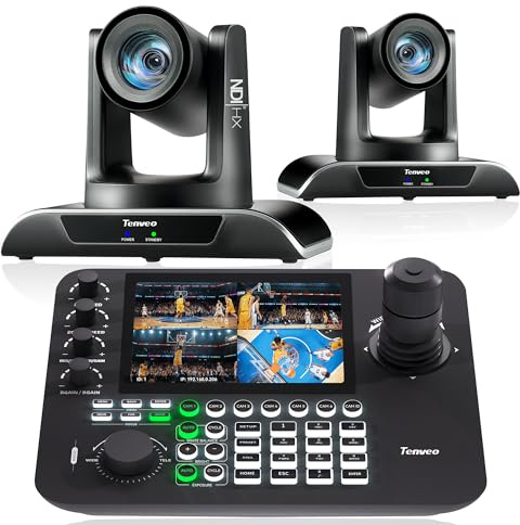Tenveo PTZ Camera and Controller Bundle/Kits - 20X AI Auto Tracking HDMI/USB3.0/LAN(PoE) NDI PTZ Camera(2PCS) and 7'' Quad-Screen NDI Joystick Controller for Church Service Events Live Streaming