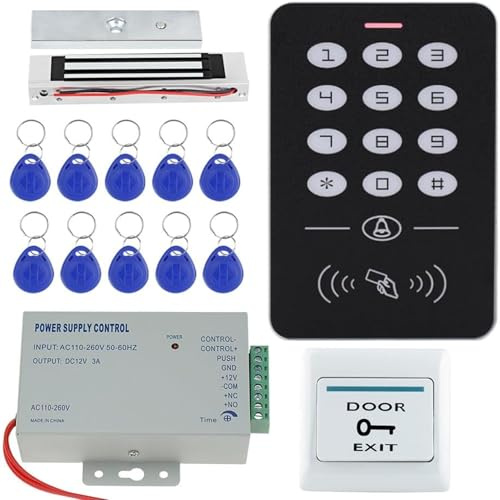 ReaIOKbii Fully Access Control System Kit,Easy to install,Tamper alarm,Doorbell function,1000Users,125KHz RFID Keypad + 180Kg/350lbs Magnetic Door Lock+ Power Supply + Exit Button+10 Key Fobs